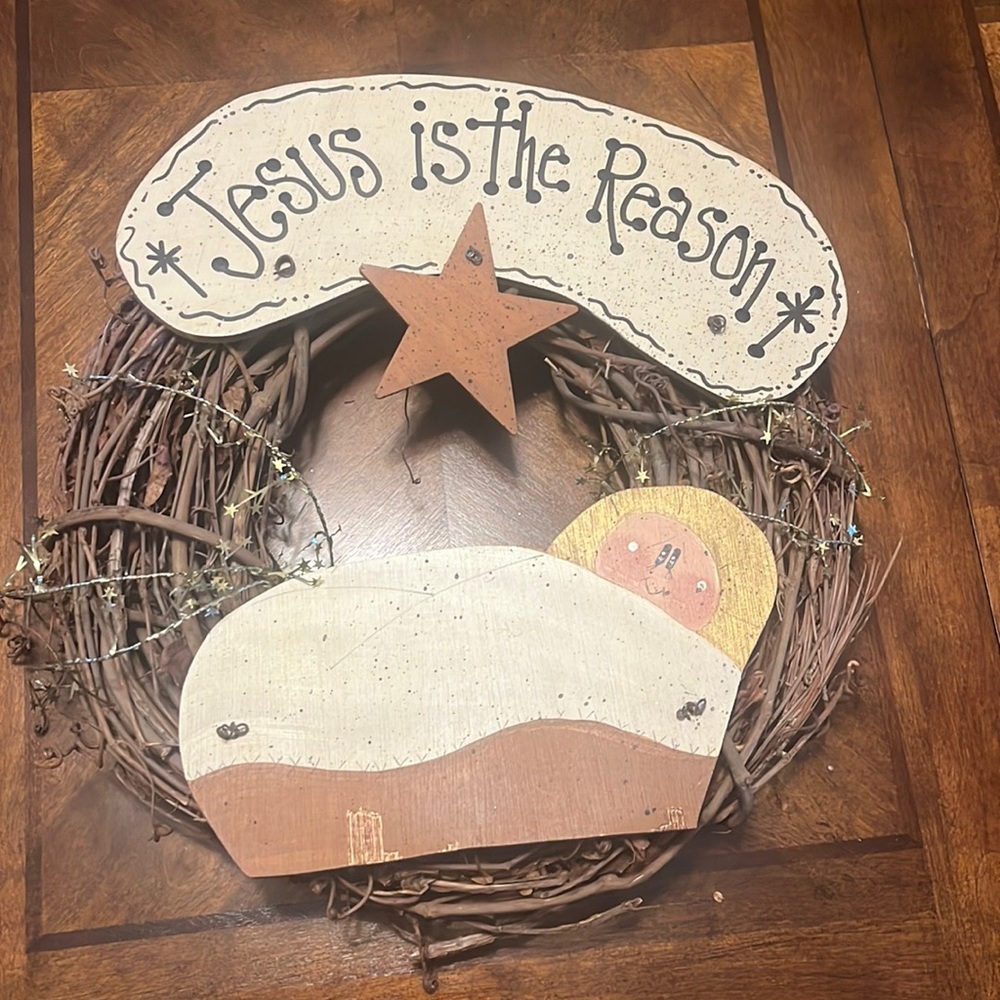 Handmade “Jesus is the Reason”  12” grapevine wreath
